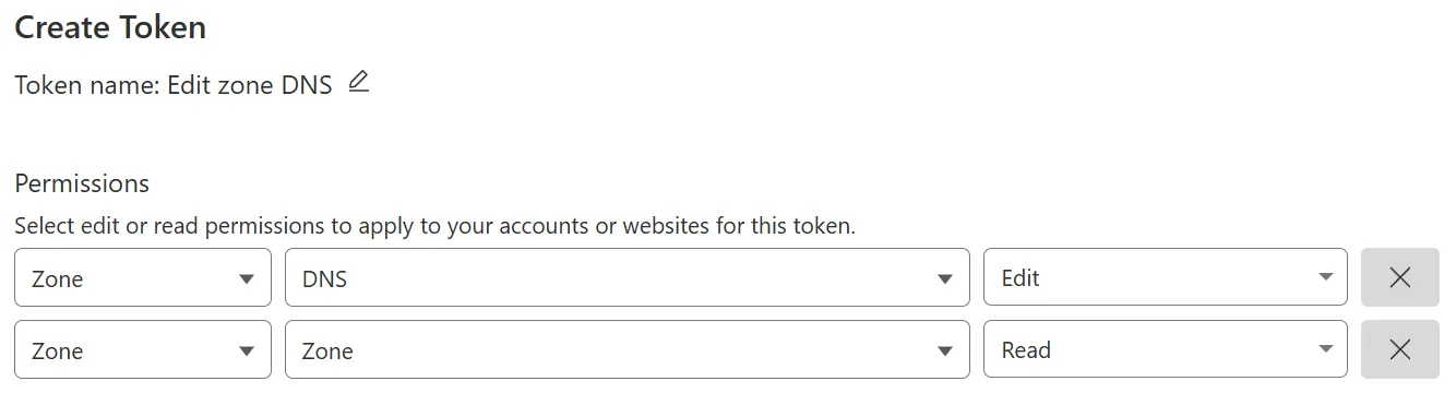 Adding the Zone, Zone, Read permissions to API token Adding the Zone, Zone, Read permissions to API token.