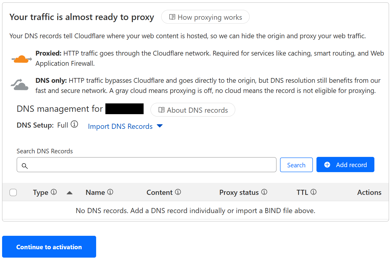 DNS management page.