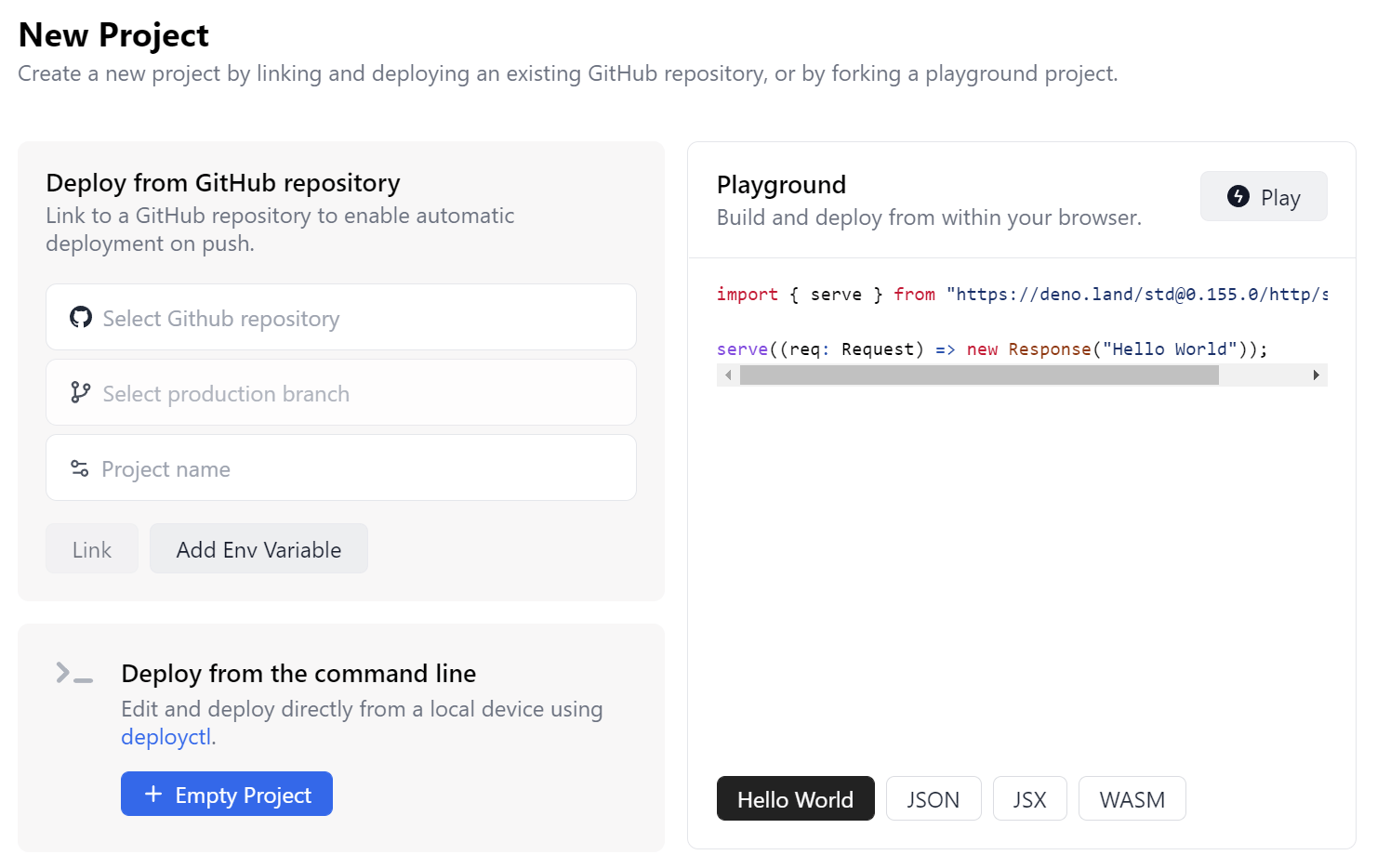 Creating a new project in Deno Deploy Creating a new project in Deno Deploy
