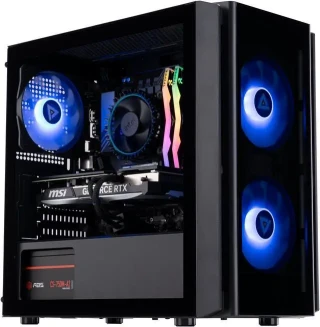 A screenshot of a gaming computer with glass side showing internals, including RGB fans and RAM sticks
