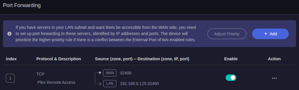 A screenshot of the GL.iNet Flint 2 router's web-based user interface, port forwarding settings
