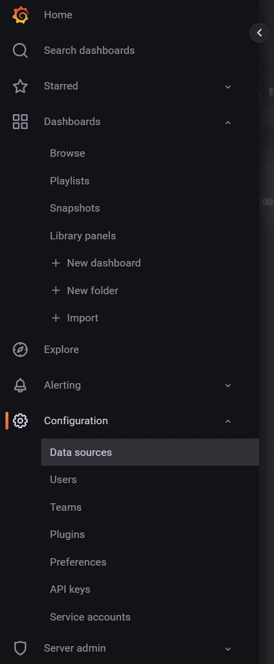 Navigation menu in Grafana Navigation menu in Grafana.