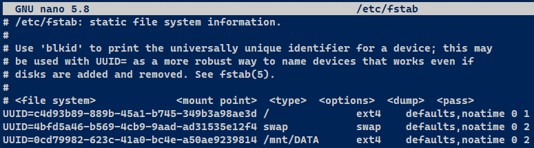 fstab file with edits.