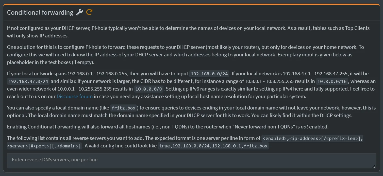 Pi-Hole Conditional Forwarding settings Pi-Hole Conditional Forwarding settings.