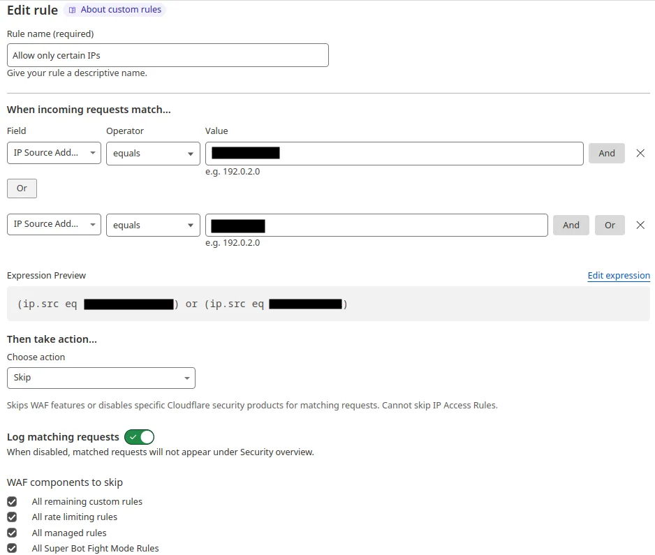 Creating WAF custom rule for allowed IPs to bypass WAF.