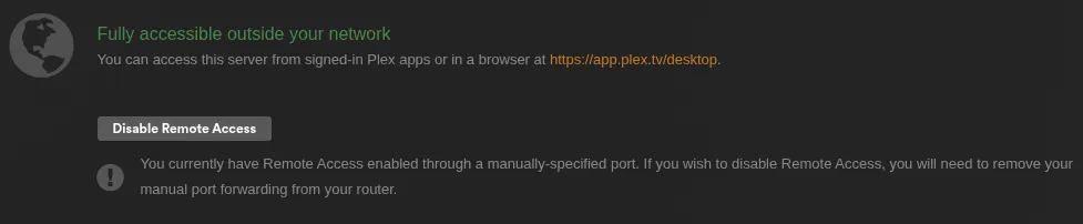 A screenshot of the Plex Media Server web-based user interface, settings page