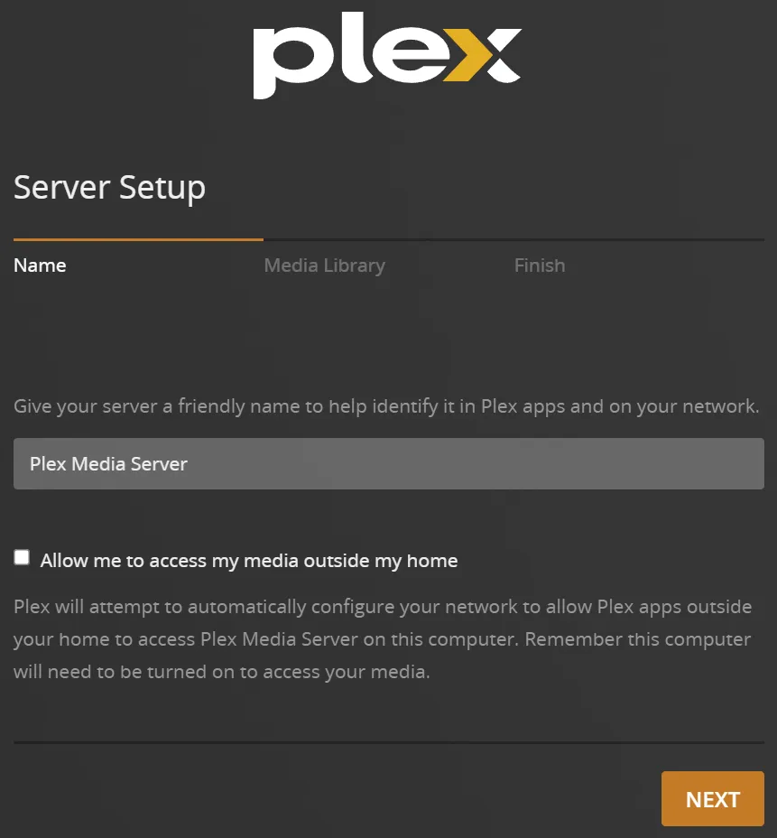 Plex server initial setup.