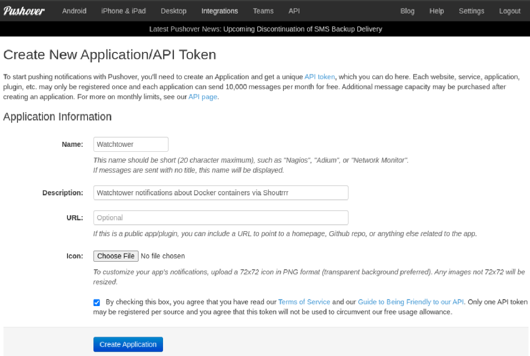 Creating new application in Pushover.