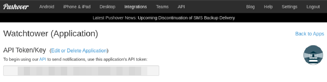 Pushover API Token for created application.