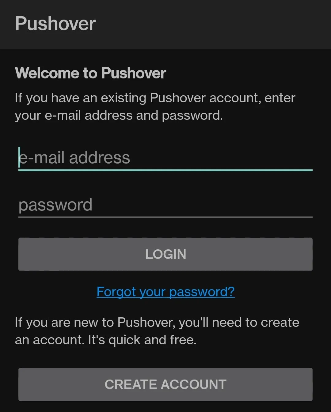 Logging in to Pushover mobile app.