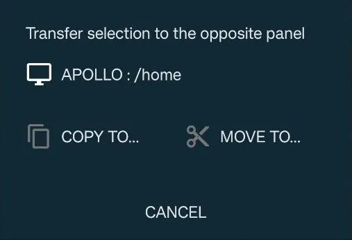 Choosing to copy or move files in Solid Explorer Choosing to copy or move files in Solid Explorer.