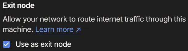 Enabling exit node in Tailscale admin console.