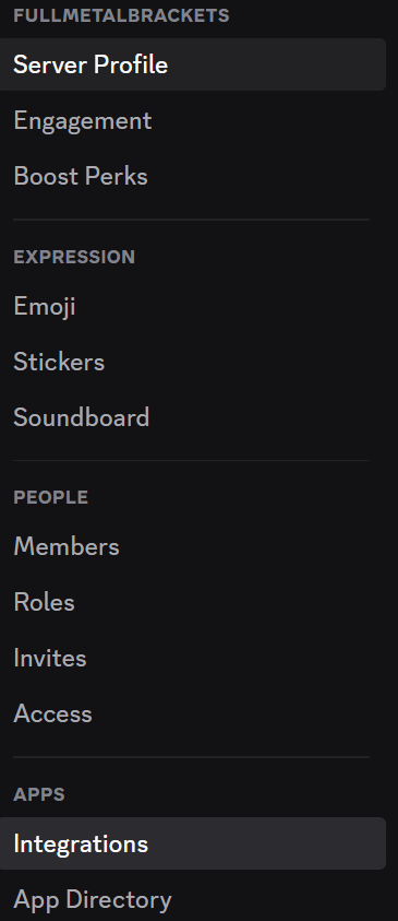 Integrations setting in Discord server.