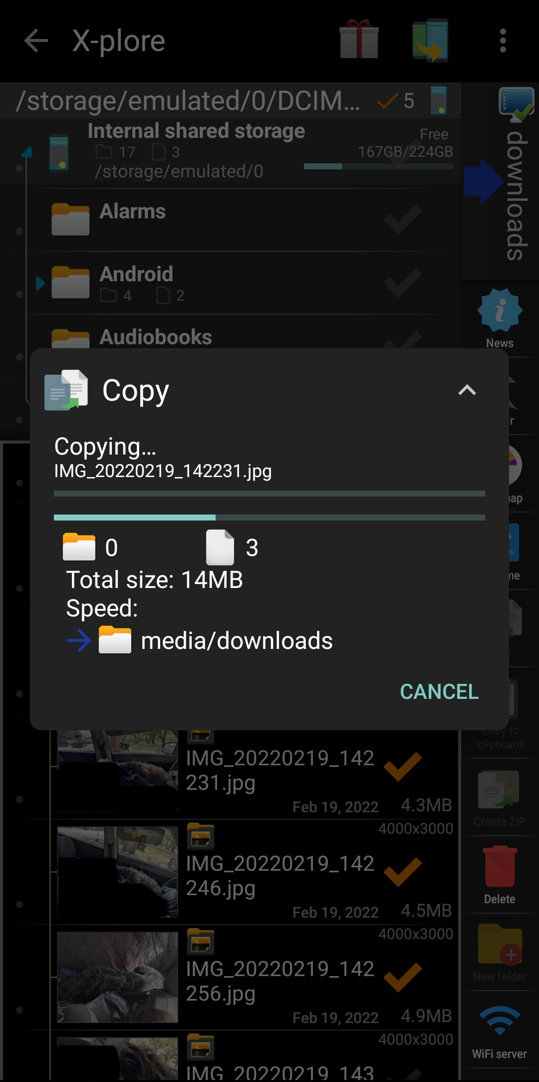 Finished transferred files in X-plore File Manager.