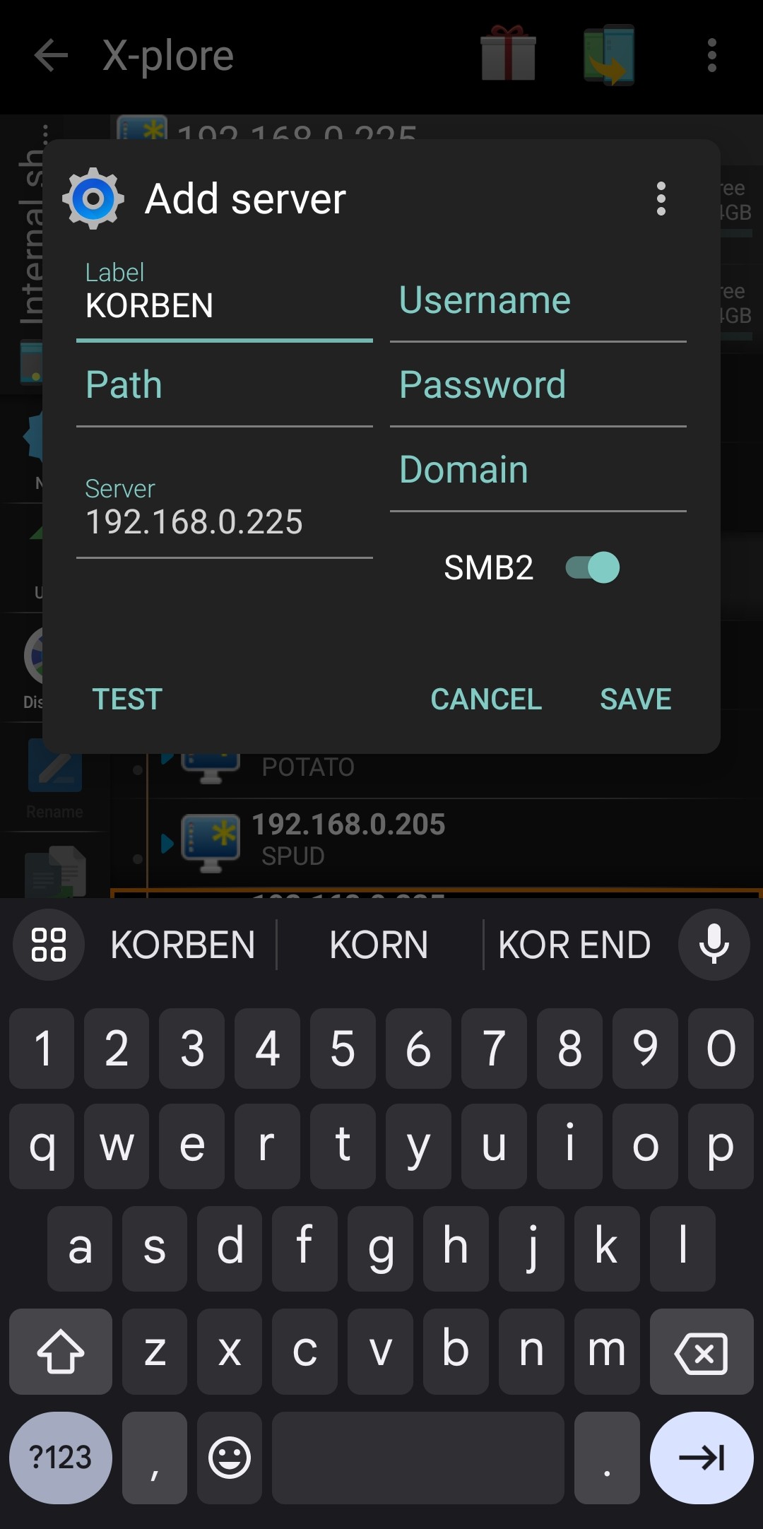 SMB share with checkmark in X-plore File Manager.