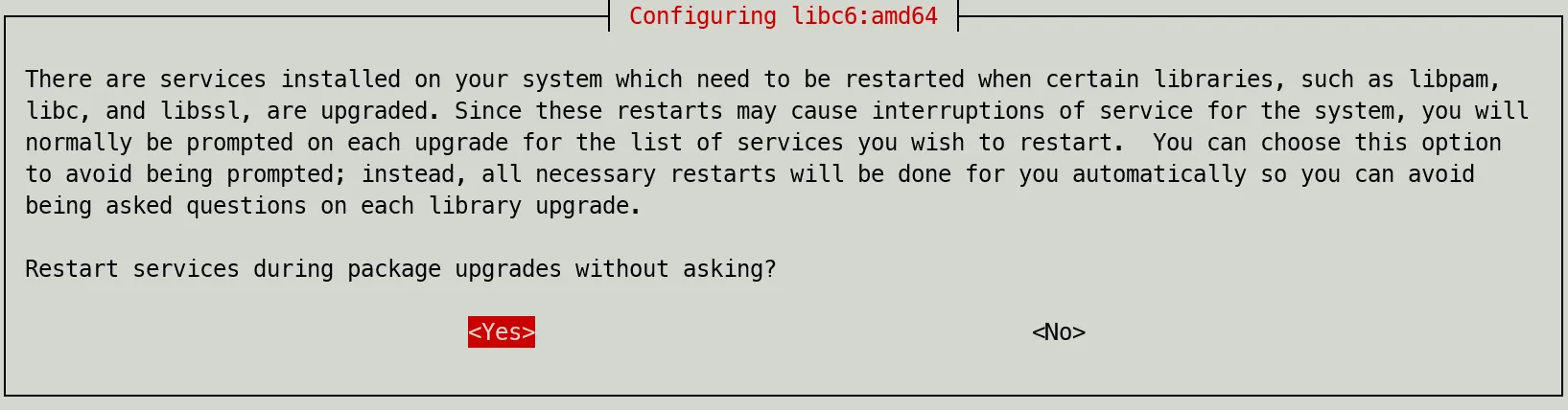 Prompt to restart certain services during upgrade from Debian 11 to Debian 12 Prompt to restart certain services during upgrade from Debian 11 to Debian 12.